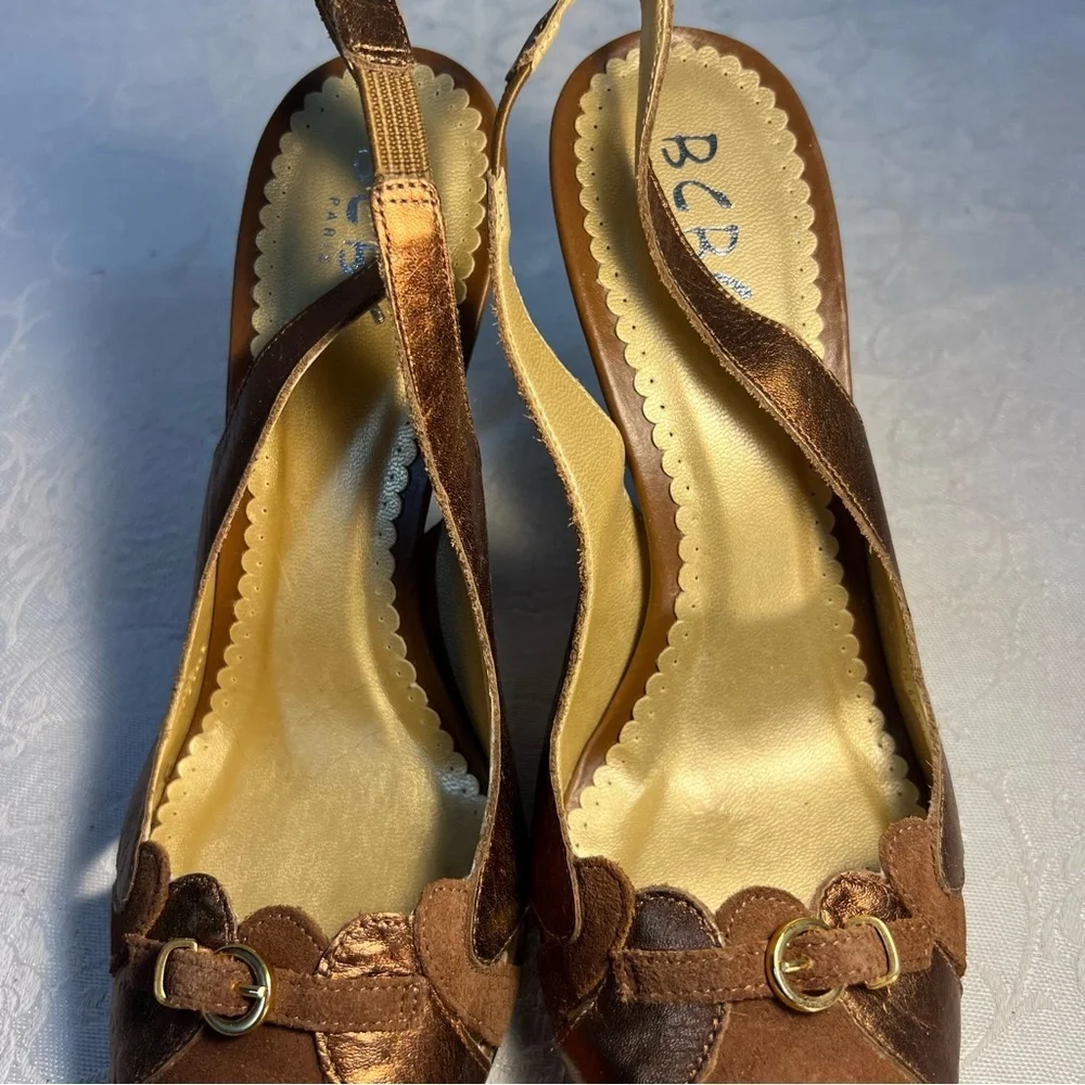 BCBG Paris Shoes Brown Suede Buckle Sling Back 4” Stiletto Heels 7.5